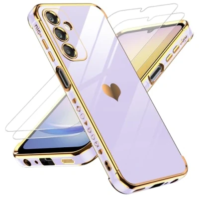 Afbeelding van LeYi Beschermhoesje voor Samsung Galaxy A25 5G, hoes met gehard glas, hart bumper, zacht TPU, dunne camerabescherming, 2 stuks, paars