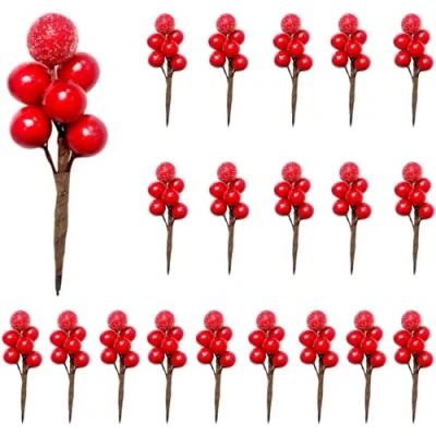 Afbeelding van RXXR Kunstmatige hulstbessen, 20 stuks kunstbessen, decoratie op draad, voor kerstboom, decoratie, bloemenkrans, doe het zelf handwerk (Rode vorst vruchten bessen)