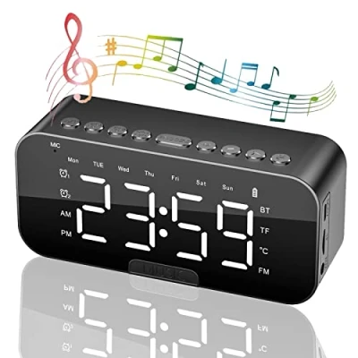 Afbeelding van wekker aan het bed, wekkerradio met Bluetooth luidsprekers, digitale voor slaapkamer, draagbare spiegelwekker dubbel alarm, snooze, led display, 3 niveaus instelbaar dimbaar, USB oplaadbaar