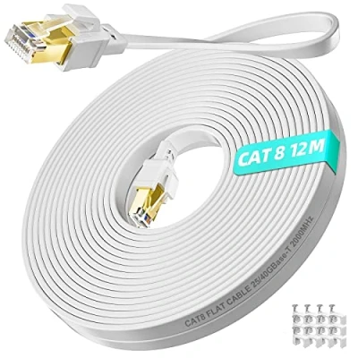 Afbeelding van Ethernet Kabel 12m, Cat 8 Netwerkkabel 12 meter Hoge Snelheid RJ45 Patch Flexibele Platte 40Gbps 2000MHz LAN Gigabit Internet Wit voor Router Modem Switch