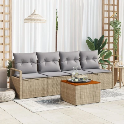 Afbeelding van vidaXL 5 delige Tuin Sofa Set met Kussens Beige Poly Rattan Acacia