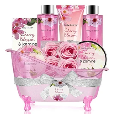 Afbeelding van BODY &amp; EARTH 8 delige leuke cadeauset voor dames, kersenbloesem en jasmijn geur, schuimbad, douchegel, badzout, bodylotion, verjaardagscadeau vrouwen, cadeaus moeder, vriendin,