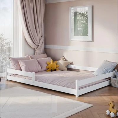 Afbeelding van Kids Collective Montessori kinderbed, vloerbed, 140 x 200 cm, met valbeveiliging en lattenbodem, tienerbed, eenpersoonsbed, optioneel matras, wit