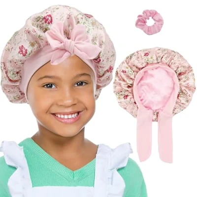 Afbeelding van SENGTERM Kids Bonnets voor meisjes, dubbele omkeerbare zijden motorkap slapende satijnen met brede elastische band, Pink Flower, 2 8 jaar