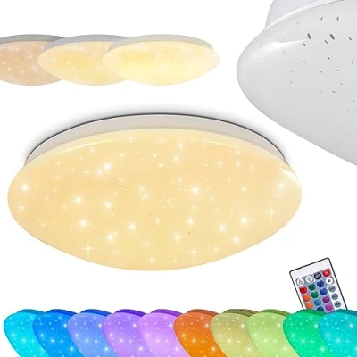 Afbeelding van LED plafondlamp Norton STAR, met glittereffect, RGB kleurwisselaar en afstandsbediening, 15 Watt, 900 Lumen, 3000 K, dimbare badkamerlamp sterrenhemeleffect, IP44