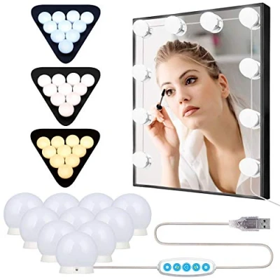 Afbeelding van Anmossi Make Up spiegellamp,Hollywood Style LED Spiegellampen met 10 Dimbare Lampen,3 Kleurmodi en 5 Helderheid,3200 6500K,USB Kabel Toiletttafel voor Spiegel,Badkamerspiegel
