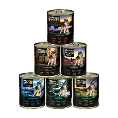 Afbeelding van Dehner Wild Nature Hondenvoer, probeerset, natvoer graanvrij/suikervrij, voor volwassen honden, eend/paard/wild/konijnen, 6 x 800 g blik (4,8 kg)