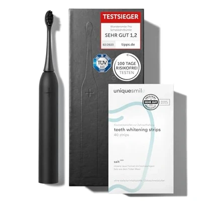 Afbeelding van Uniquesmile Tandbleekstrips, bundel met ultrasone tandenborstel, testwinnaar 2024 100 dagen risicovrij testen (40 stuks/Ultimate Black)