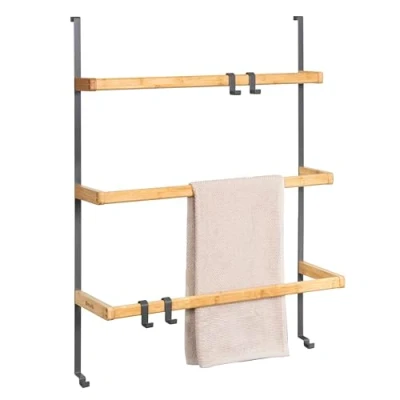 Afbeelding van eluno Hangende deurrek van metaal en bamboe, handdoekhouder met 3 handdoekstangen, 4 praktische haken, om op te hangen zonder boren (grijs)
