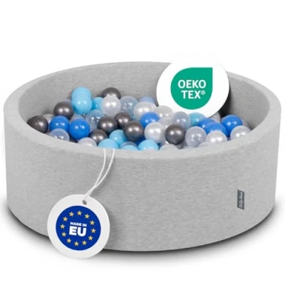 Afbeelding van KiddyMoon Schuim Ballenbak Voor Kinderen Met Ballen Ø 7 Cm Gemaakt In EU, Lichtgrijs:Parel Blauw Babyblue Transparant Zilver,90X30cm/300