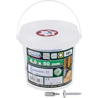 Afbeelding van CON:P B30146 paalschroeven 8 x 40 mm, Torx, met schijf, verzinkt, 48 stuks, 1 bit ster. 8,0 50 mm