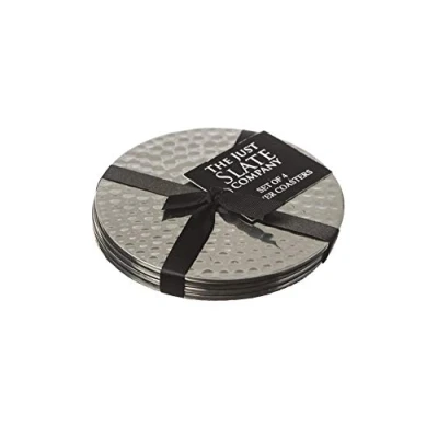 Afbeelding van The Just Slate Company JS/SS/FH/C4/B roestvrijstalen platte gehamerde onderzetters, set van 4, zilver