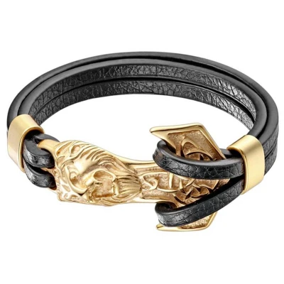Afbeelding van Leren armband Mannen Mendes Anker Leeuw Edelstaal Goudkleurig Zwart