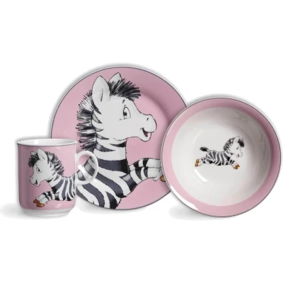 Afbeelding van Flirt by R&amp;B Kinderservies Happy Zoo Zebra, roze, 3 delig (1 set)