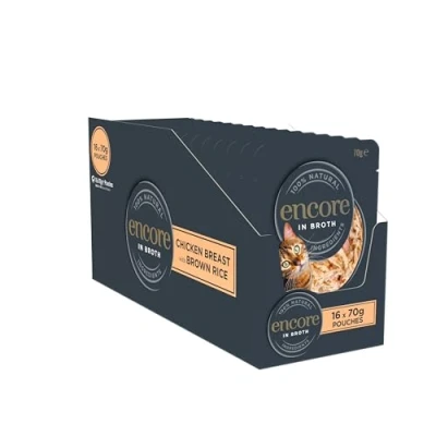Afbeelding van Encore 100% natuurlijk premium nat voer voor katten, kipborst met volkoren rijst in bouillon volwassen verpakking 16 x 70 g zakjes
