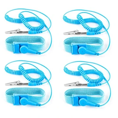 Afbeelding van Rmeet antistatische armband, 4 stuks, polsband, aardarmband, ESD armbanden, aardingsband met aardingskabel en krokodillenklem voorkomen opbouw, statische elektriciteit