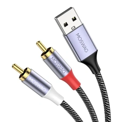 Afbeelding van MOSWAG RCA naar USB kabel, dual splitterkabel, stereo Y audioconverter met nylon vlechtwerk, compatibel laptops, dvd spelers en luidsprekers.