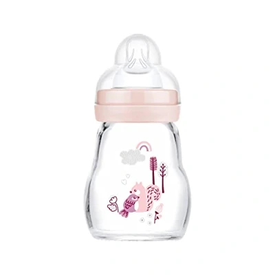 Afbeelding van MAM Feel Good glazen babyflesje (170 ml), babyfles met brede opening, stabiele zuigfles speentje in maat 1, vanaf 0 maanden, natuurlijke motieven, eekhoorn/vogel