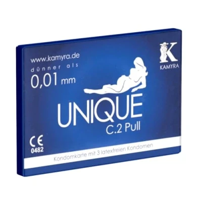 Afbeelding van Kamyra Unique C.2 Pull, 3 latexvrije condooms gemaakt van AT 10, hypoallergeen, met de innovatieve Pull on Stripes, extra dun (0.015mm) en zonder geur