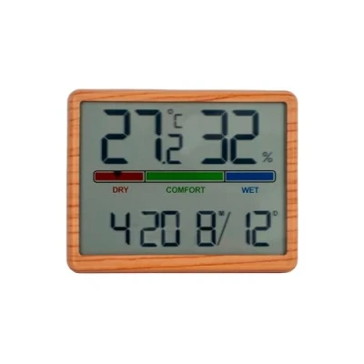 Afbeelding van GIFTMARKET Digitale binnenthermometer met hygrometer, comfortindicator, klok en kalender, kleur hout, ideaal voor thuis, ABS materiaal, afmetingen 9,3 x 7,2 1,6 cm