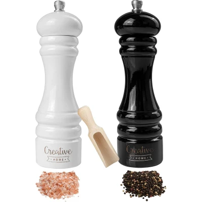 Afbeelding van Creative Home Grote Houten Peper en Zoutmolen Wit Zwart Set van 2 met Mini Lepel 18 x 5 cm Beukenhout Handmatig