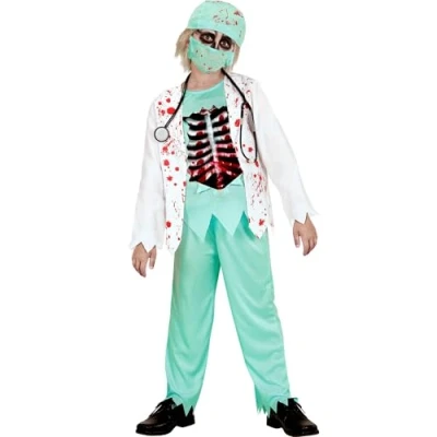 Afbeelding van Widmann Zombie Kostuum Skelet Dokter Jongen Groen, Wit / Beige Maat 158 Halloween Verkleedkleding