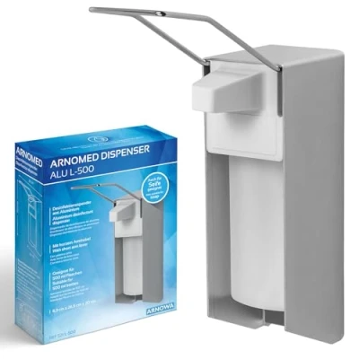 Afbeelding van ARNOMED 1x aluminium desinfectiemiddeldispenser, desinfectiemiddeldispenser voor 500 ml, dispenser met lange armhendel, zeepdispenser wandmontage, zeepdispenser, wand