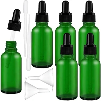 Afbeelding van AMJKEJI Pipetfles, 30 ml, groene glazen druppelfles met 2 druppelaars en trechters, fles voor etherische olie, parfumolie, aromatherapie, geuren, vloeistof, 12 stuks