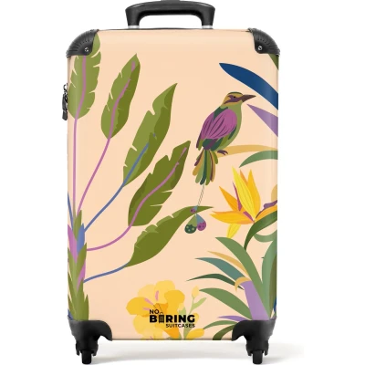 Afbeelding van NoBoringSuitcases.com® Handbagage koffer lichtgewicht Reiskoffer trolley Oranje met tropische print Rolkoffer wieltjes Past binnen 55x40x20 en 55x35x25
