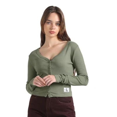 Afbeelding van Calvin Klein dames Ribgebreid vest met logo in de kleur Legergroen, maat: S
