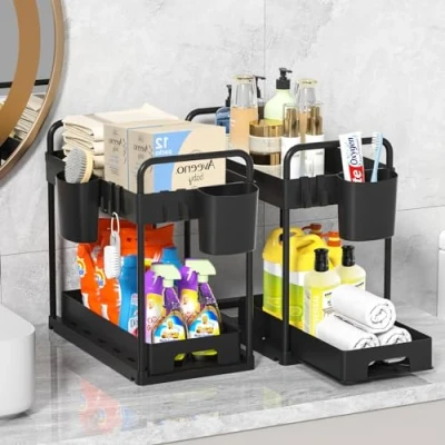 Afbeelding van MQVXT 2 laags keukenondergootsteenorganizer, grote capaciteit keuken met hangende mandjes, 4 haken, multifunctionele ondergootsteenopslag voor keuken, badkamer, slaapkamer zwart