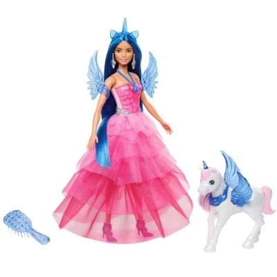 Afbeelding van Barbie eenhoornpop, speciale pop voor Barbie&#039;s 65e verjaardag, met blauw haar, roze jurk en accessoires zoals saffierkleurige vleugels een alicorn als huisdier, HRR16
