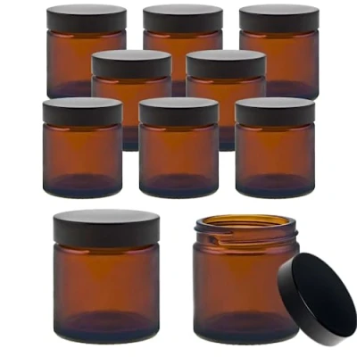 Afbeelding van 10 kleine glazen potjes/zalfpotjes/crèmepotjes van bruin glas 60 ml incl. etiketten