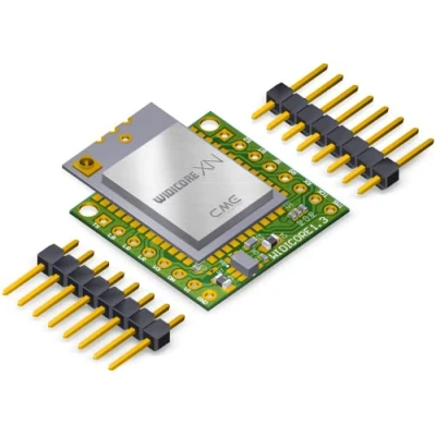 Afbeelding van CME WIDI Core XN Smart (BLE) breakout board die premium MIDI implementeert over Bluetooth Low Energy zoals ontwikkeld door met externe antenne connector en un populated pin header