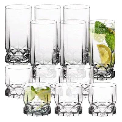 Afbeelding van KADAX Drinkglazen van hoogwaardig glas, set 6 waterglazen, dikwandig en geribbeld voor water, drankjes, sap, party, cocktailglazen, drankglazen, 12 stuks, x 325 ml hoog + laag