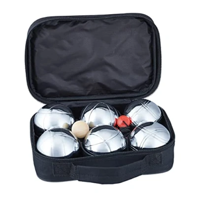 Afbeelding van Relaxdays jeu de boules set, 6 ballen, met doelbal &amp; afstandmeter, in draagtas, van metaal, petanque, zilver/zwart