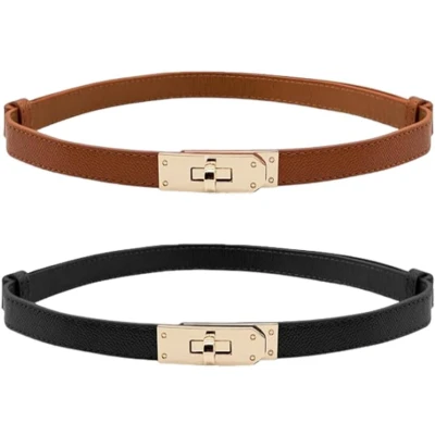 Afbeelding van Vrouwen Skinny Lederen Riem Slanke Dunne Taille Klassieke Effen Kleur Legering Turn Lock WesternDames Verstelbare Tailleband
