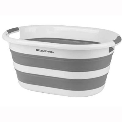 Afbeelding van Russell Hobbs LA053879WHTEU Collapsible Laundry Basket/Washing Tub, 27L Large Basket, Silicone/Plastic Foldable Storage Container, Ergonomic Handles, Space Saving Washing White/Grey