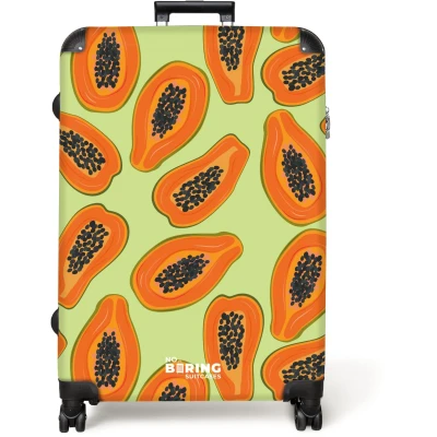 Afbeelding van NoBoringSuitcases.com® Koffer groot Reiskoffer lichtgewicht Groen met oranje papaja&#039;s Rolkoffer 4 wielen Grote trolley XL 98 liter bagage