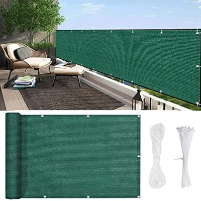 Afbeelding van Balkonscherm inkijkbescherming 85 x 600 cm Ondoorzichtig, windbescherming Ondoorzichtige Balkondoek met kabelbinders en koord voor Outdoor Balkon Tuin, Donkergroen