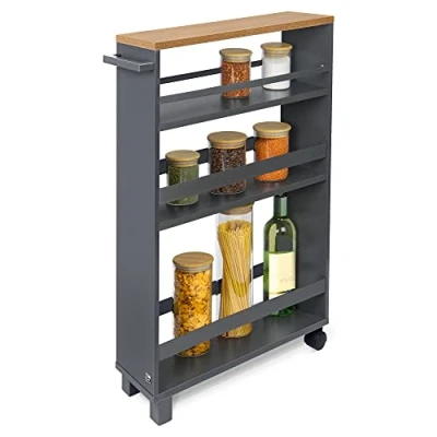 Afbeelding van bomoe Hylla Keukentrolley op Wieltjes 50x79x15 cm Serveerwagen Hout met 3 Planken &amp; FSC® werkblad Antraciet