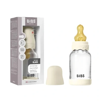 Afbeelding van BIBS Boheme glazen babyfles, 120 ml, anti koliek, ronde zuiger van natuurlijk rubberlatex, bevordert natuurlijke borstvoeding, ivoor