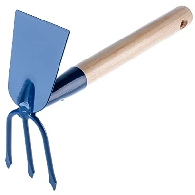 Afbeelding van KADAX Metalen hak, tuinhak met steel van hout, dubbele hak voor de tuin het losmaken, luchten en wieden grond, onkruidhak (kort, rechthoekig 3 tanden, houten steel)