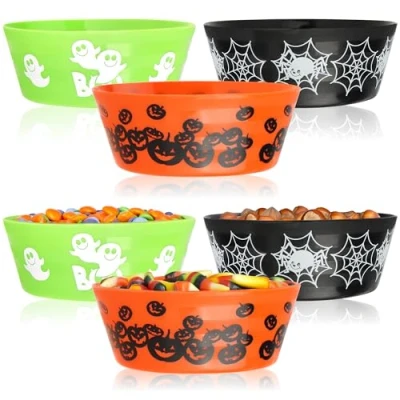 Afbeelding van COM FOUR® 6x Halloween snackschalen schalenset voor verpakte snoepjes plastic snackborden feestservies en themafeesten (6 stuks 3 kleuren)