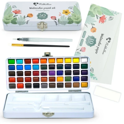 Afbeelding van Mikkelhus Professionele Aquarelverf Set Verfset met 50 diverse kleuren aquarelverf, papier, waterpenseel, kwast en spons Voor kinderen volwassenen
