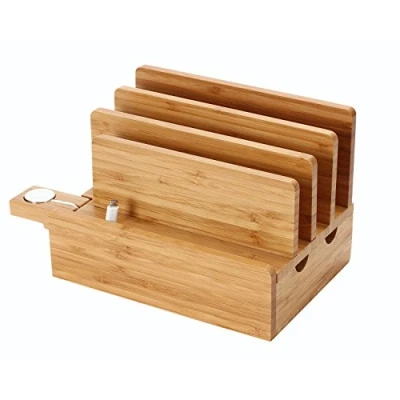 Afbeelding van iCozzier Bamboo Watch Stand laadstation voor meerdere apparaten en houder kabelorganizer dockingstation smartphones, tablets laptops