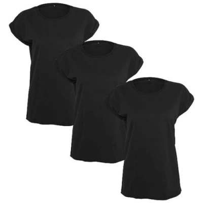Afbeelding van Build Your Brand Dames T Shirt Multipack Ladies Extended Shoulder Tee 3 Pack verkrijgbaar in vele kleurvarianten, maten XS 5XL, BLK/BLK/BLK,