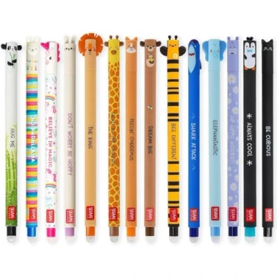 Afbeelding van LEGAMI Set van 14 uitwisbare gelpennen met thermogevoelige wisinkt, reeks inktkleuren en vatontwerpen, 0,7 mm tip, dierenontwerpen