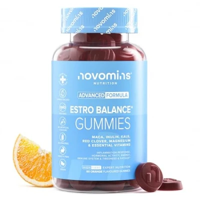 Afbeelding van Novomins Estro gummies alternatief voor oestrogeen vrouwen Hormonaal evenwicht en gezonde botten met vitamine D, B6, B12, maca groenkoolextract, inuline 60 veganistische