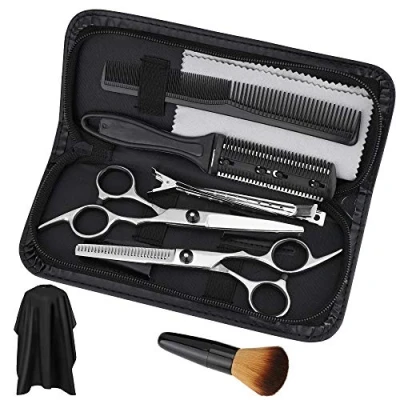 Afbeelding van Professionele haarknipschaar set zwarte kappersschaar kit, haarknipschaar, dunner schaar, haarscheermeskam, clips, cape, scharen kit voor thuis, salon, kapper (10 stuks)